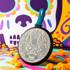 Lodge Heritage 10.5 Inch Seasoned Cast Iron Xolo Sugar Skull Griddle with Deluxe Handle Holder